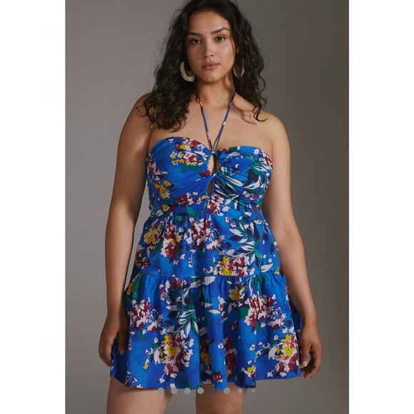 NEW Anthropologie Plus Size Emily Halter Mini Dress Blue Pockets Halter 3X $140 - Picture 1 of 16